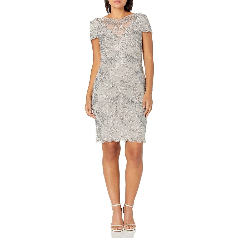Tadashi Shoji Pemba Embroidered Lace Cocktail Dress Light Pearl
